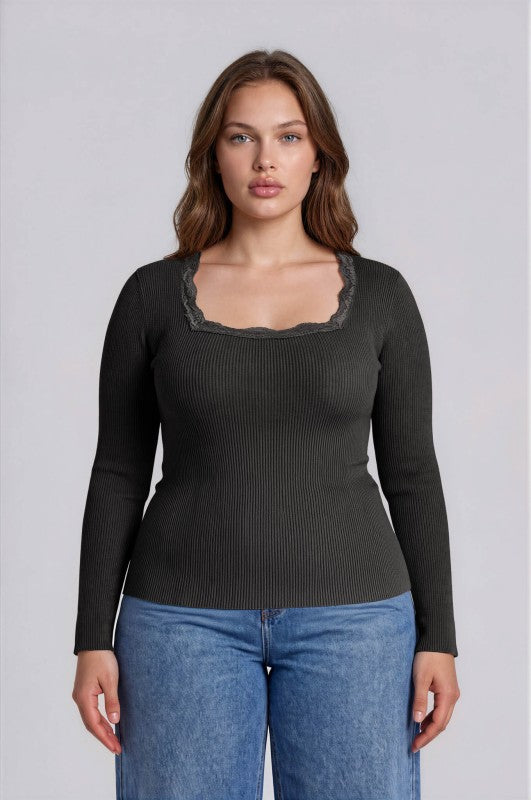 Square Neck Lace Trim Knit Top