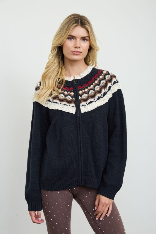 Navy ruffle trim zip knit jacket