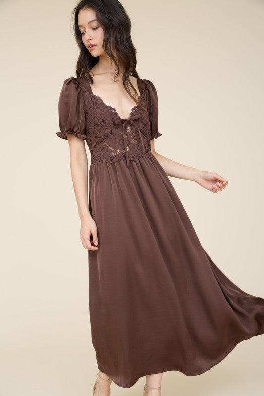 Brown Lace Bodice Satin Dress