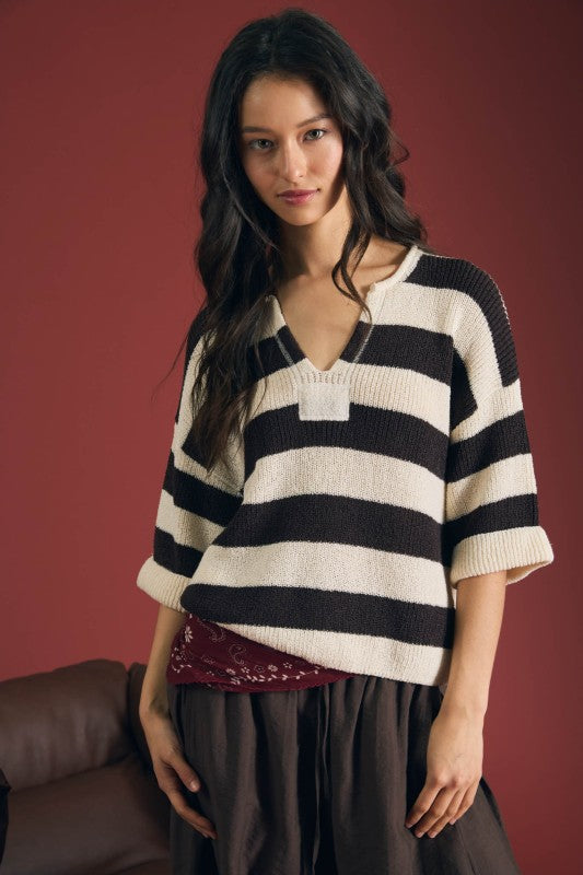Wide Stripe Split Neck Sweater