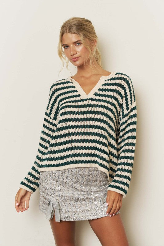 Green Striped V Neck Relaxed Knit Sweater