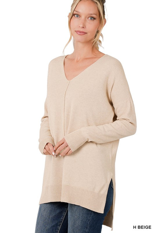 Hi-Low Hem V-Neck Center Seam Sweater