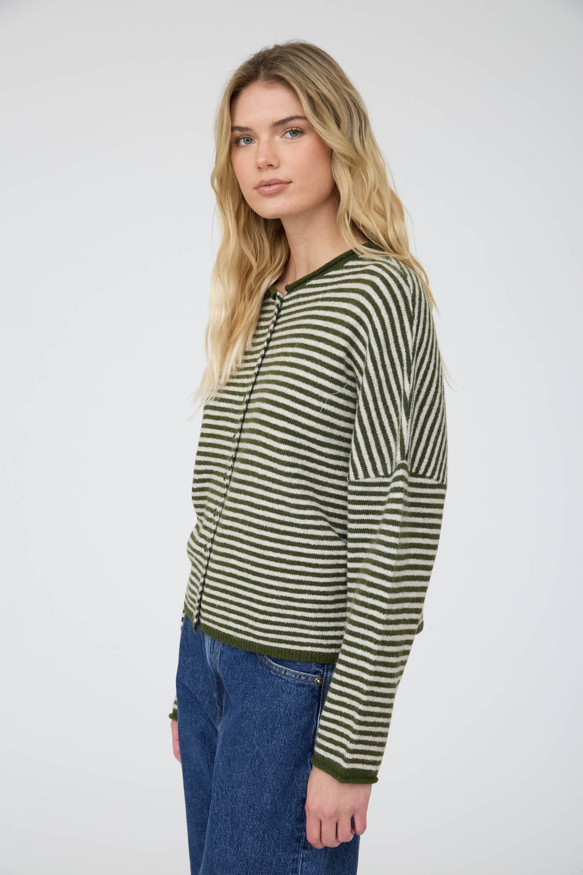 Olive Stripe Raw Edge Knit Cardigan