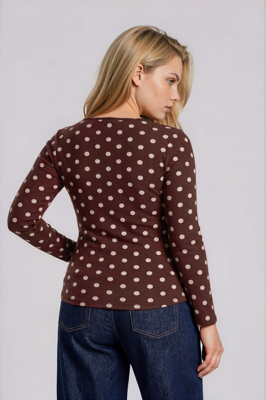 Polka Dot Boat Neck Long Sleeve Knit Top