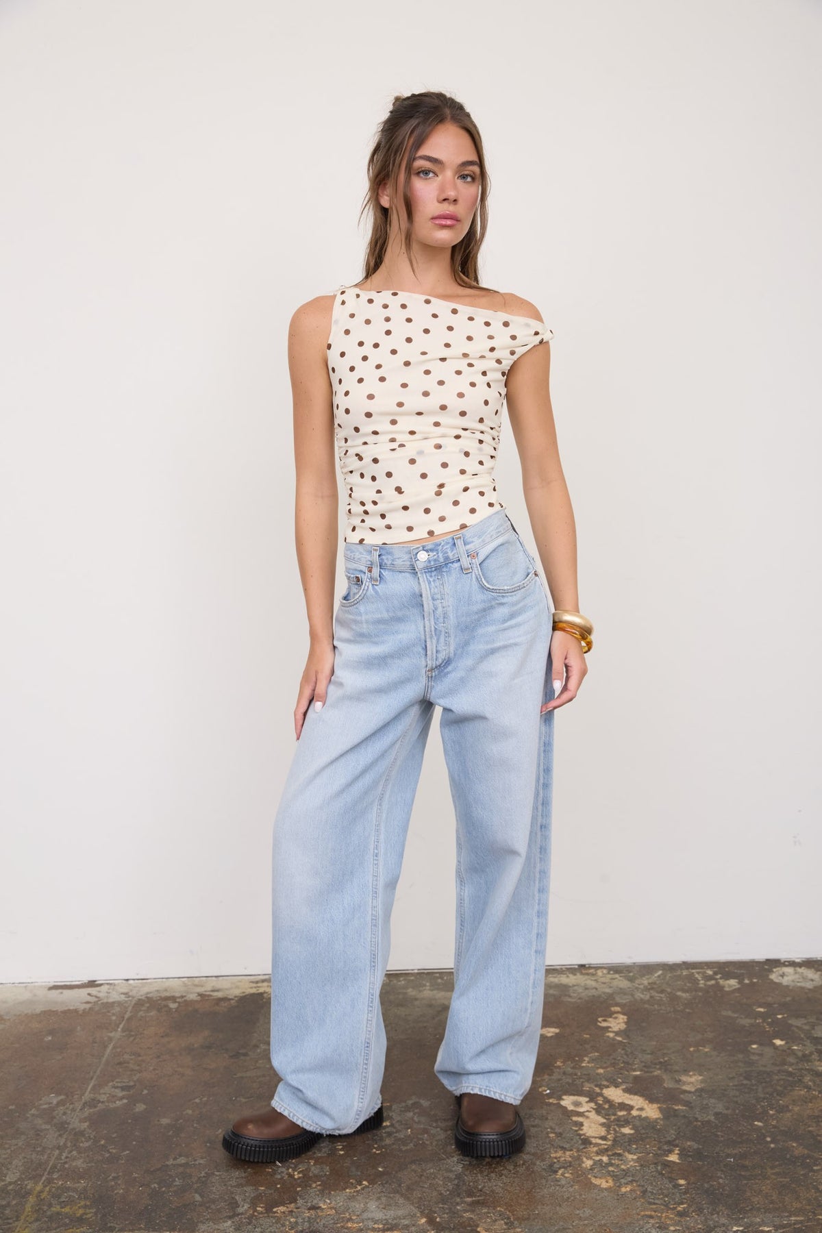Polka Dot Twist Detail Mesh Knit Top