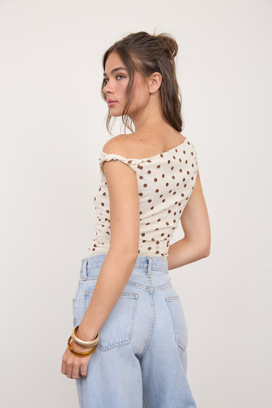 Polka Dot Twist Detail Mesh Knit Top