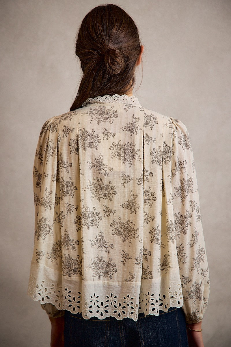 Lace Trim Button Down Long Sleeves Blouse