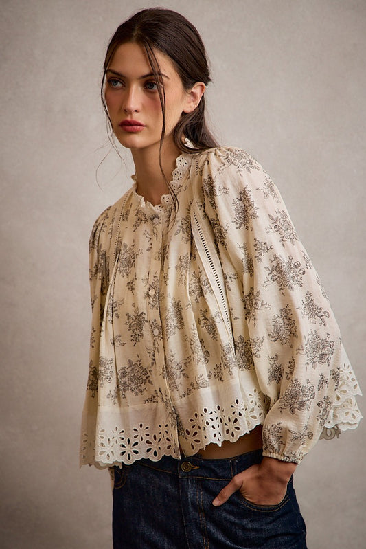 Lace Trim Button Down Long Sleeves Blouse