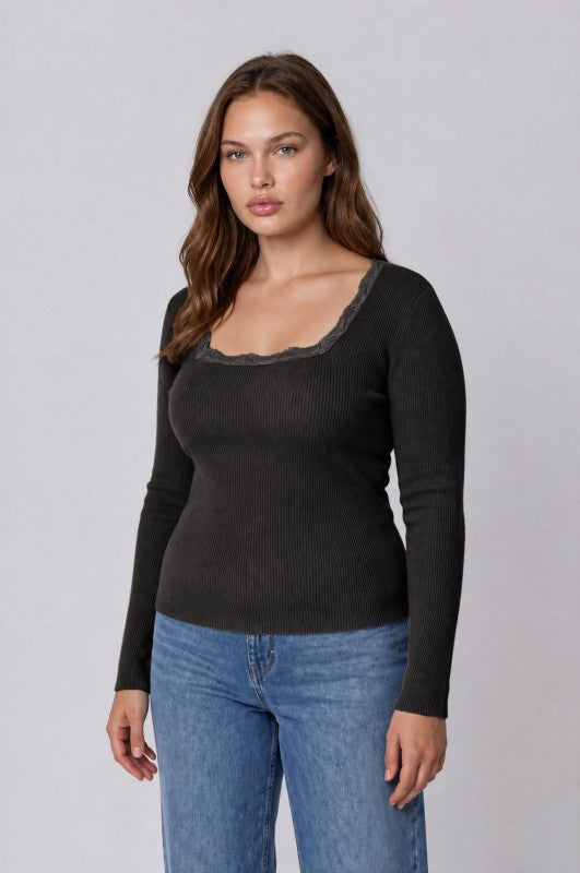 Square Neck Lace Trim Knit Top