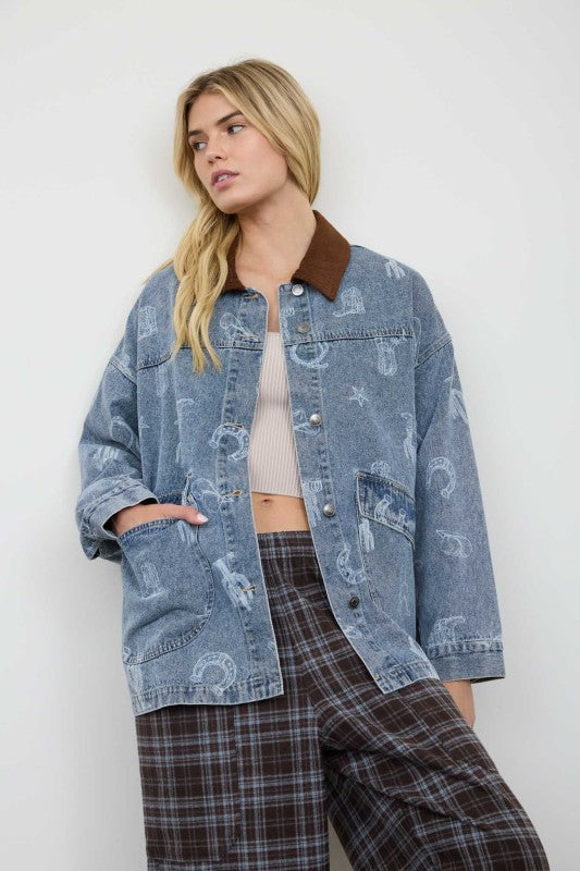 Western Print Corduroy Collar Jacket