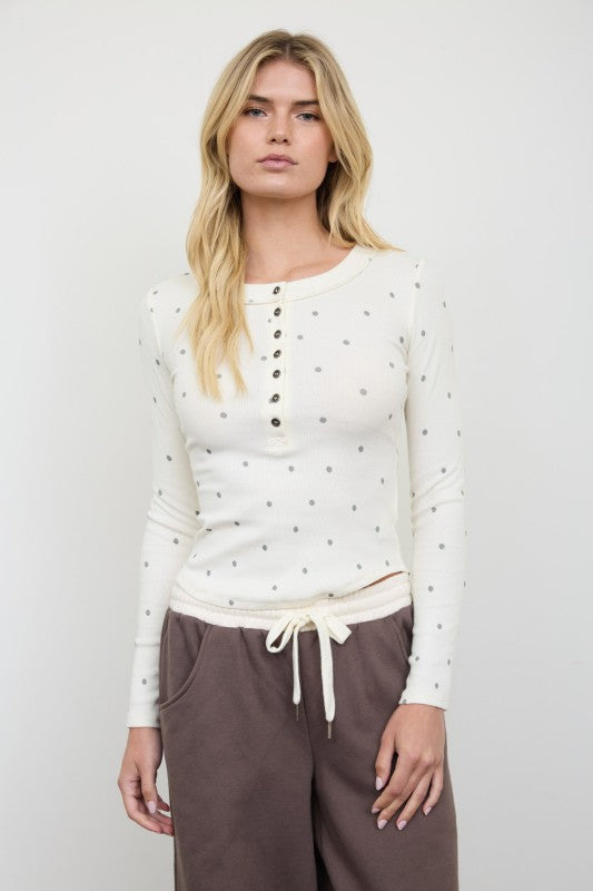 Polka Dot Henley Knit Top