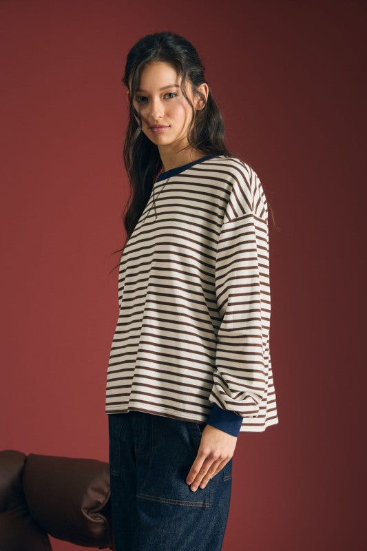 Stripe crewneck v-stitch knit top