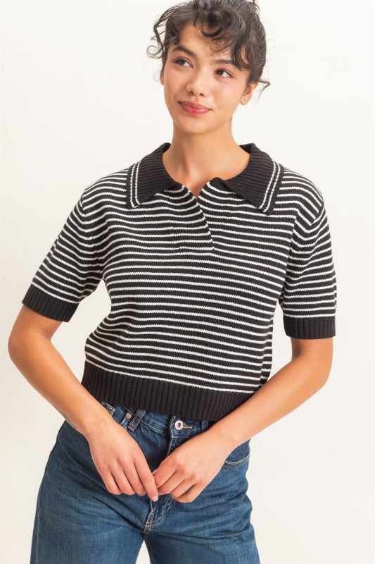 Blk stripe ss collar knit top
