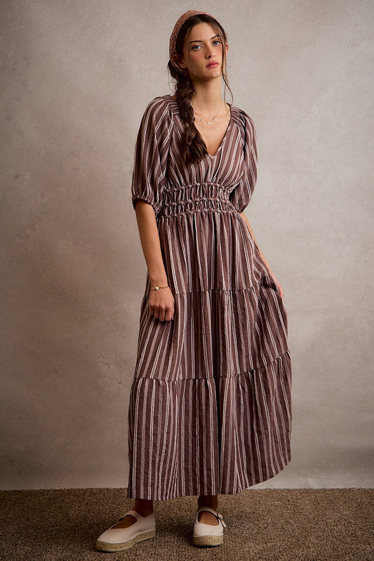 Stripe Smocked V Neck Midi Dress