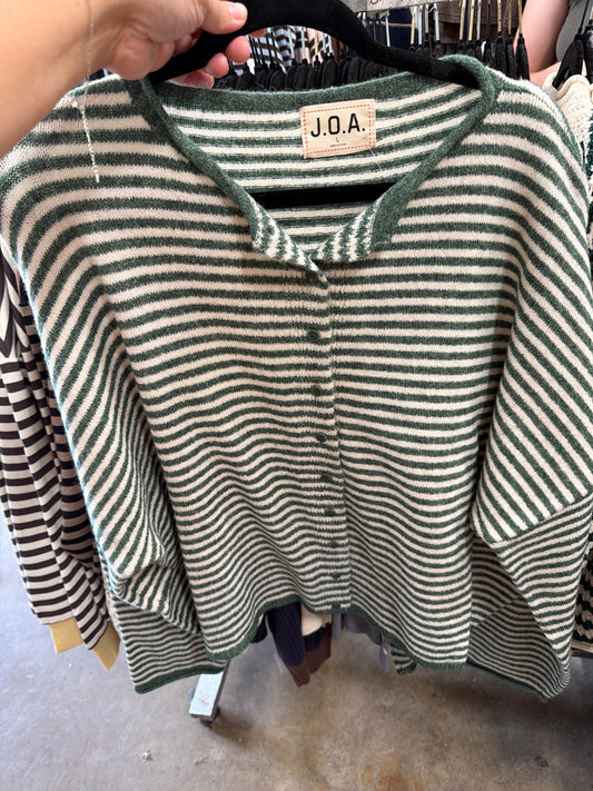 Green stripe, raw edge knit cardigan
